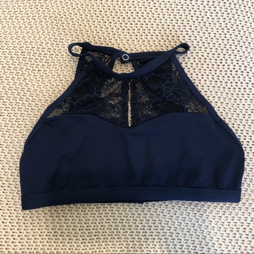 Navy blue halter lace dance bra top
